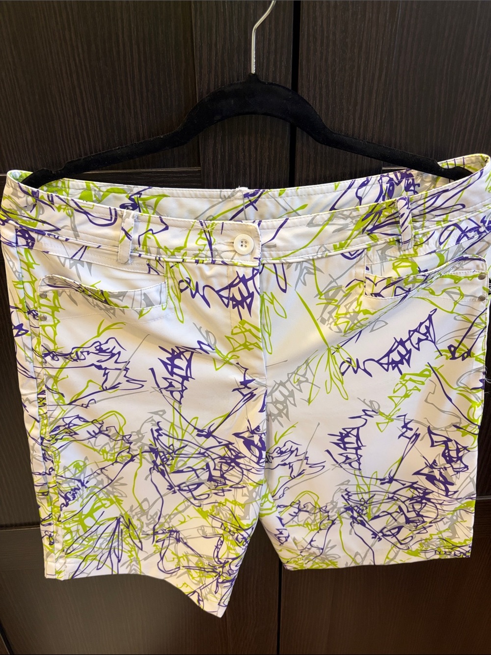 Women's White Abstract Print Bermuda Shorts - Lime & Purple